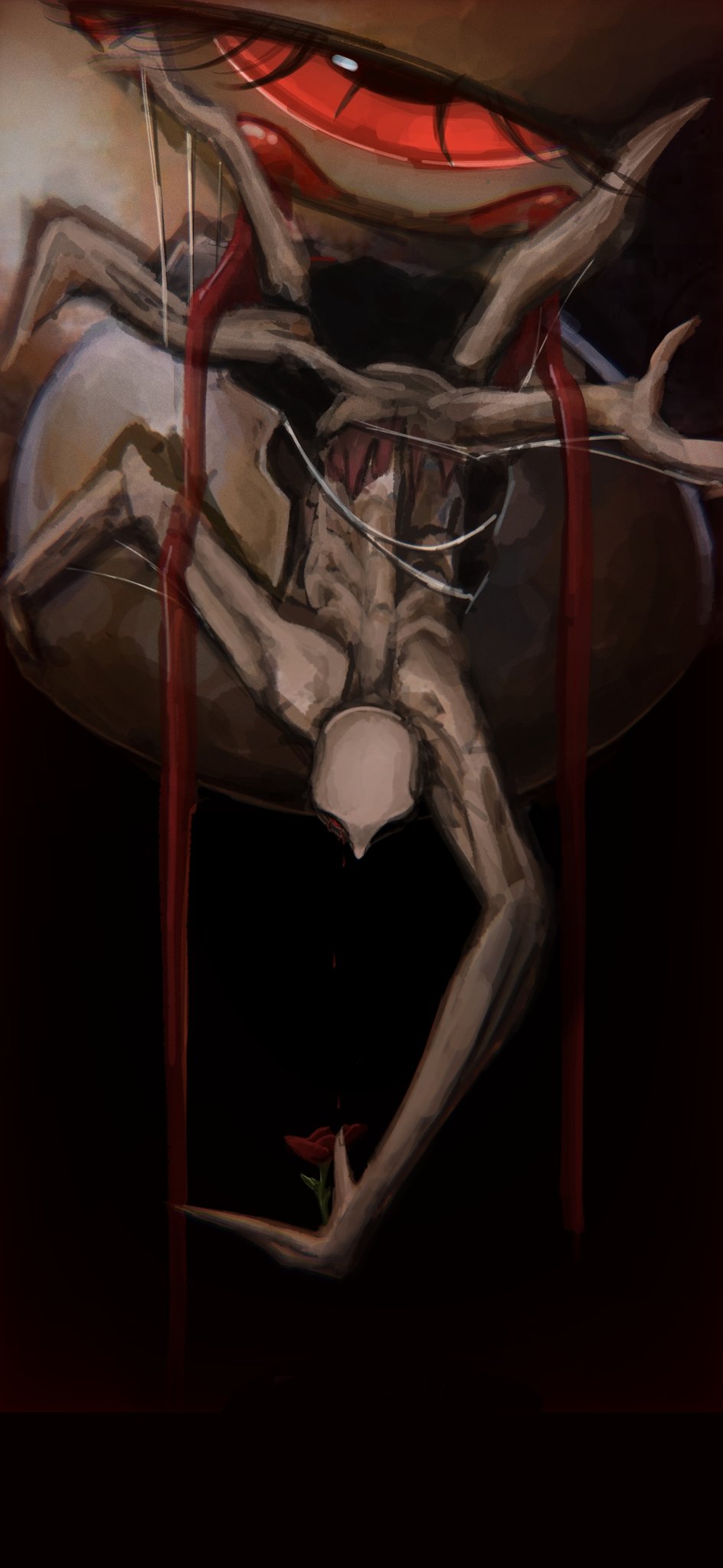 1boy alternate_form bald black_background blood bloody_tears cocoon crawling deformed elden_ring eyelashes flower highres holding holding_flower leaning leaning_forward miquella_(elden_ring) monster monster_boy red_eyes red_flower red_rose rose satsu-strive