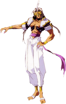 1990s_(style) 1boy arabian_clothes belt bracelet fatal_fury fatal_fury:_the_motion_picture fingernails grey_hair hauer jewelry leaf long_hair lowres male_focus mask official_art oobari_masami retro_artstyle snk solo tan toes