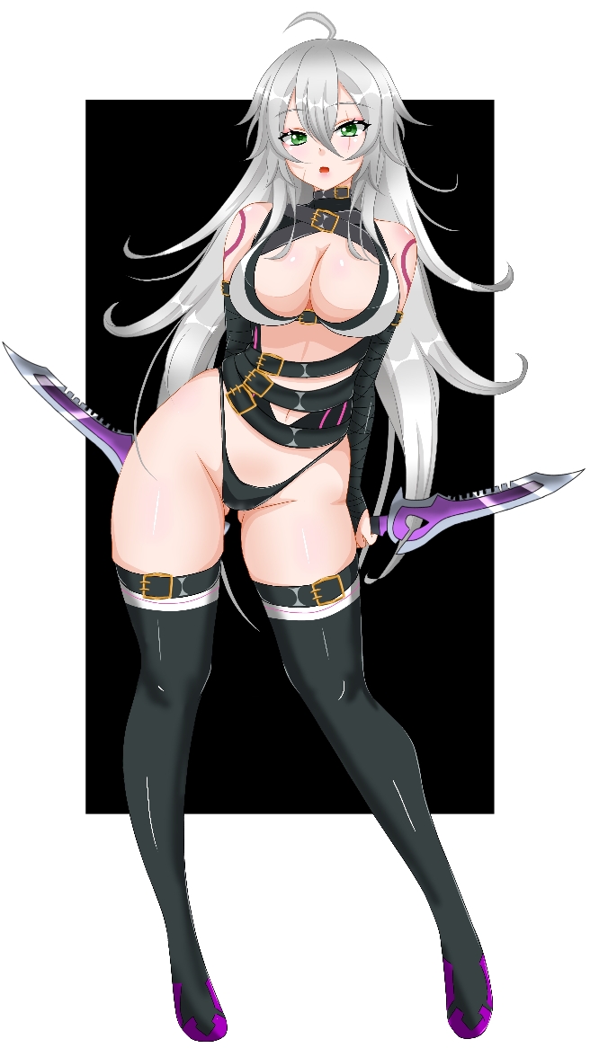 1girl aged_up alternate_breast_size alternate_hair_length alternate_hairstyle arm_at_side arm_behind_back arm_belt bandaged_arm bandages bare_hips bare_shoulders belt black_background black_boots black_garter_straps black_panties boots breasts bridal_gauntlets cleavage cleavage_cutout clothing_cutout commentary_request contrapposto dagger double-parted_bangs dual_wielding facial_scar fate/apocrypha fate_(series) from_below full_body garter_straps gloves gluteal_fold green_eyes grey_hair hair_between_eyes highleg highleg_panties holding holding_dagger holding_knife holding_weapon jack_the_ripper_(fate/apocrypha) knife large_breasts legs long_bangs long_hair long_legs looking_at_viewer maria_the_ripper messy_hair micro_panties multiple_belts navel panties parted_lips partial_commentary revealing_clothes reverse_grip sakura_kyuma scar scar_across_eye scar_on_cheek scar_on_face shiny_skin shoulder_tattoo simple_background solo standing stomach straight-on tattoo thigh_belt thigh_boots thigh_strap thighhigh_belt thighs two-tone_background underwear very_long_hair weapon white_background