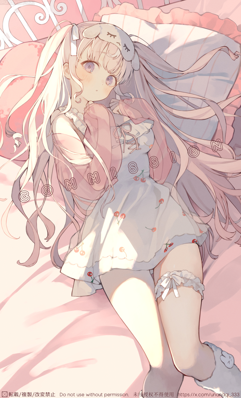 1girl commission eye_mask hair_spread_out highres himeno_aimu indie_virtual_youtuber jacket long_hair looking_at_viewer nightgown on_bed pillow pink_hair pink_jacket purple_eyes see-through_clothes see-through_jacket solo thigh_strap twintails twitter_username una_nagi very_long_hair virtual_youtuber white_nightgown