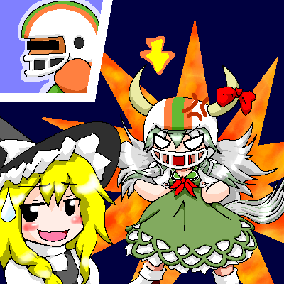 &gt;:o 2girls :d :o anger_vein angry arrow_(symbol) bar_censor black_eyes blonde_hair braid censored censored_identity chargin&#039;_chuck crossover dress ex-keine fire hat helmet horn_ornament horn_ribbon horns kamishirasawa_keine kirisame_marisa long_hair looking_at_viewer lowres mario_(series) multiple_girls myonde nintendo no_pupils oekaki open_mouth ribbon shouting side_braid silver_hair smile super_mario_bros._1 super_mario_world super_marisa_world sweatdrop tail touhou v-shaped_eyebrows witch witch_hat