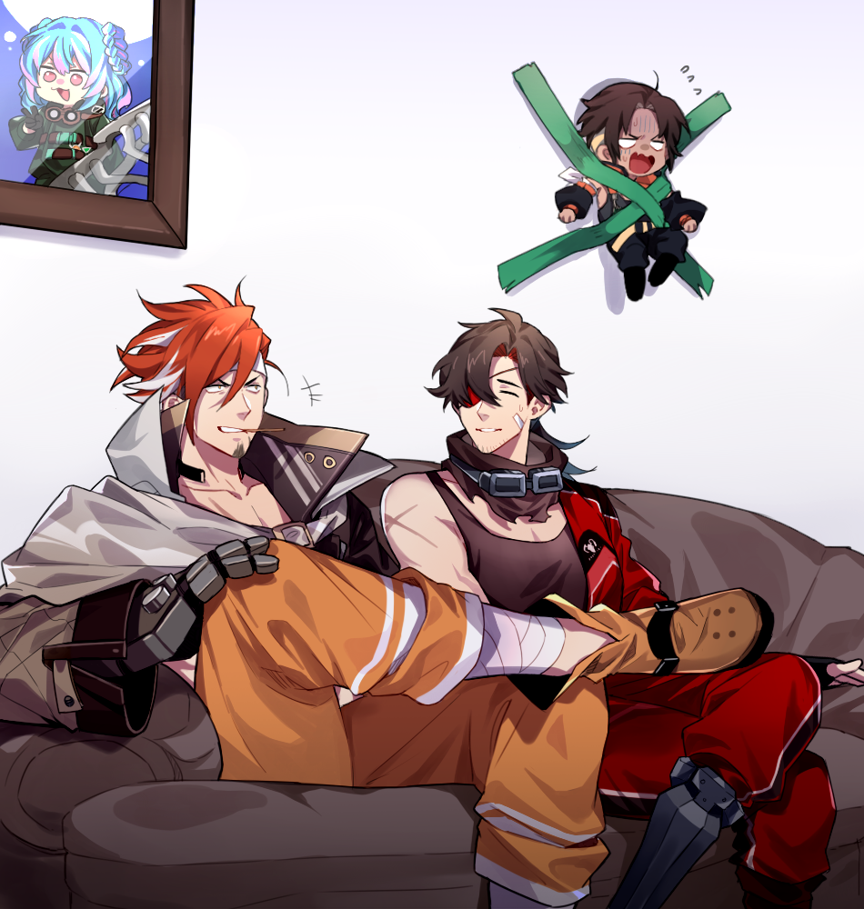 +++ 3boys alchemy_stars bandaged_leg bandages bandana black_coat blank_eyes brock_(alchemy_stars) brown_hair chibi coat couch crossed_legs eucild eyepatch facial_hair flying_sweatdrops goatee goggles goggles_around_neck headband jitome jumpsuit long_hair male_focus mechanical_arms mechanical_legs meme mini_person miniboy mouth_hold multicolored_hair multiple_boys orange_pants pants portrait prosthesis prosthetic_arm red_hair roy_(alchemy_stars) scar scar_on_arm short_hair single_mechanical_arm single_mechanical_leg sinsa_(alchemy_stars) sitting stubble sweatdrop tank_top tape teeth teeth_hold toothpick turn_pale two-tone_hair v-shaped_eyebrows zeta_(alchemy_stars)