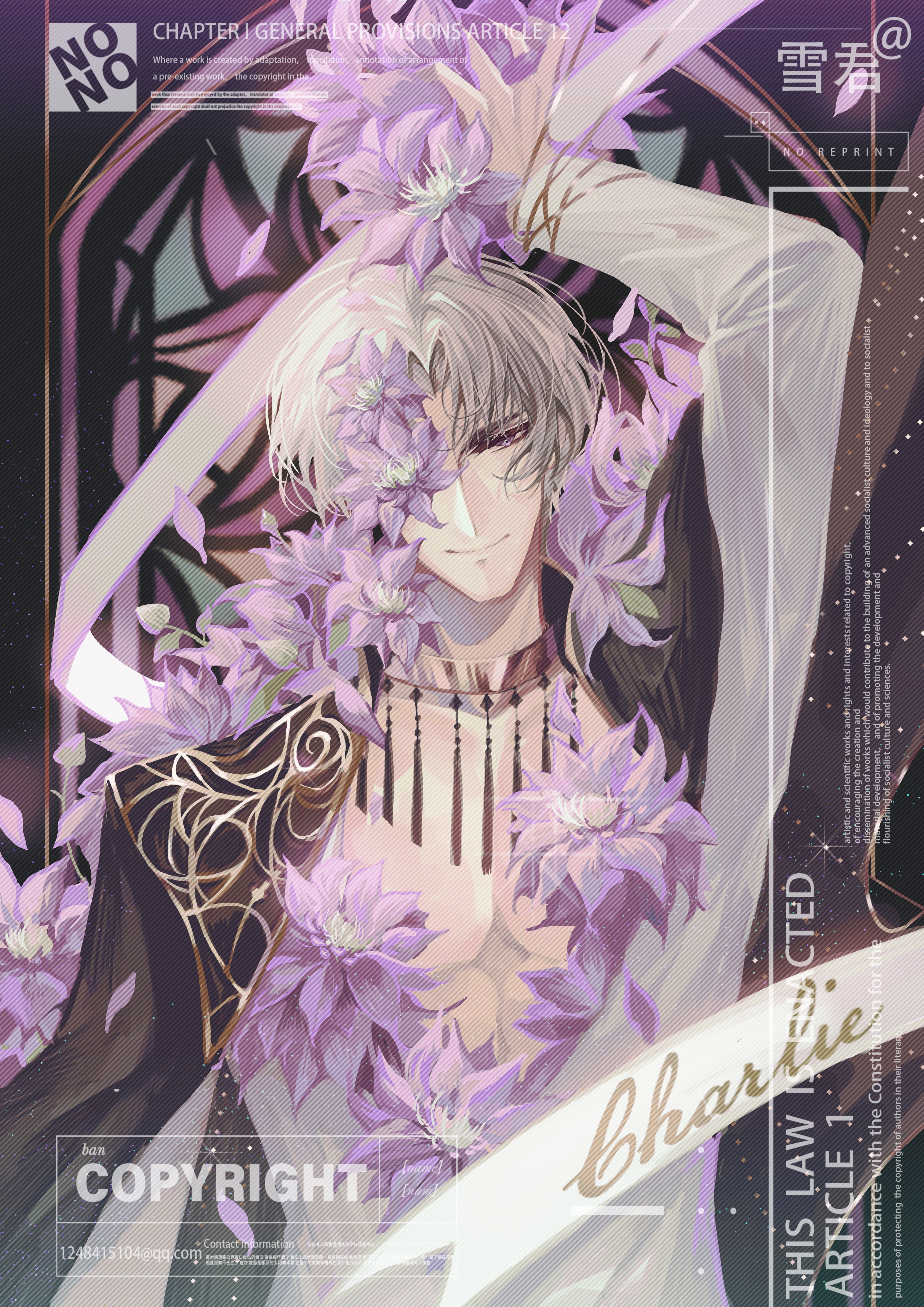 1boy absurdres arm_up black_jacket character_name charlie_su clematis_(flower) closed_mouth collar curtained_hair flower flower_on_chest flower_over_eye gold_collar grey_hair head_tilt highres holding holding_flower jacket jacket_on_shoulders light_and_night_love long_sleeves looking_at_viewer male_focus neck_tassel one_eye_covered parted_bangs partially_unbuttoned pectoral_cleavage pectorals petals purple_eyes purple_flower shirt short_hair smile snow234 solo stained_glass straight-on upper_body watermark white_shirt
