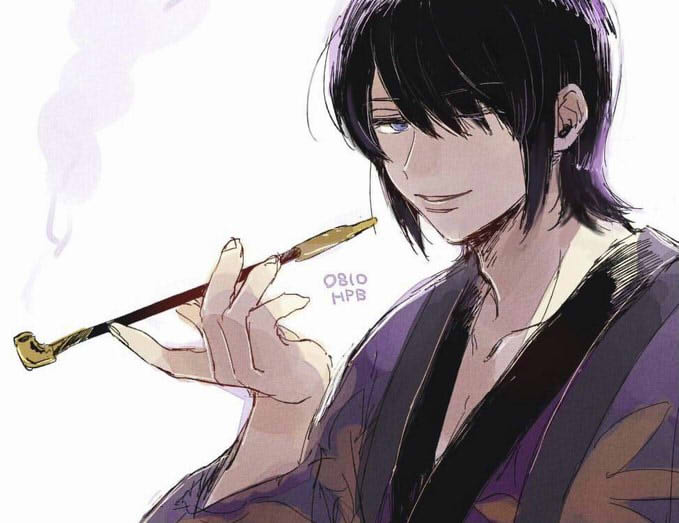 1boy black_hair commentary_request gintama hair_over_one_eye holding holding_smoking_pipe japanese_clothes kimono kiseru looking_at_viewer male_focus se0h smoking_pipe solo takasugi_shinsuke