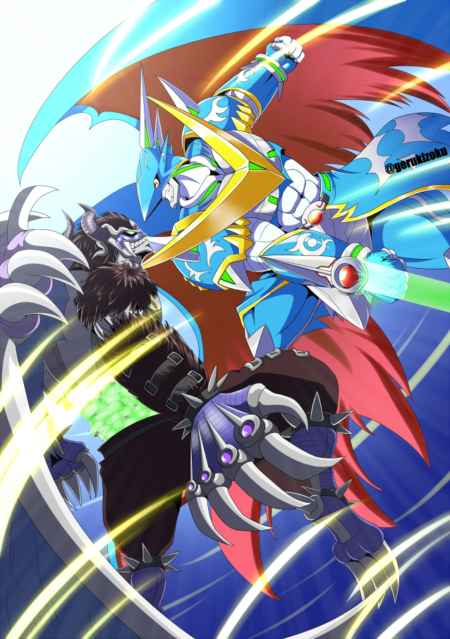 2boys armor demon demon_(digimon) demon_super_ultimate digimon dragon energy_sword fallen_angel multiple_boys sword ulforcev-dramon ulforcev-dramon_future_mode weapon