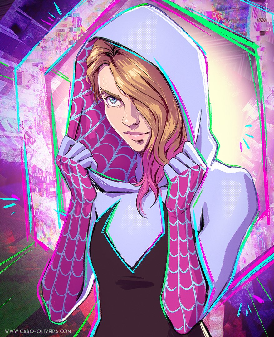 1girl black_bodysuit blonde_hair bodysuit caro_oliveira commentary english_commentary glitch gwen_stacy hair_over_one_eye hood hooded_bodysuit marvel multicolored_bodysuit print_bodysuit solo spider-gwen spider-man:_across_the_spider-verse spider-man_(series) spider-verse spider_web_print watermark web_address white_bodysuit