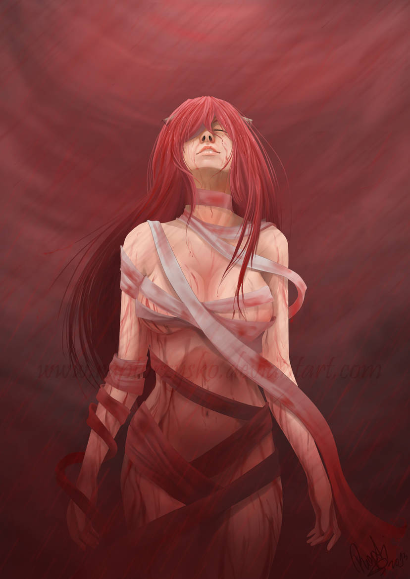 1girl bandages blood breasts commentary crying elfen_lied english_commentary horns large_breasts long_hair lucy_(elfen_lied) naked_bandage photoshop_(medium) pink_eyes pink_hair rain raining_blood rapti_mortengel sad solo
