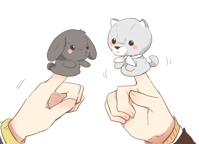 2girls blush_stickers hand_focus hand_puppet higuchi_kaede higuchi_kaede_(1st_costume) long_sleeves motion_lines multiple_girls nijisanji out_of_frame puppet rebecca_(keinelove) simple_background tsukino_mito tsukino_mito_(1st_costume) virtual_youtuber white_background