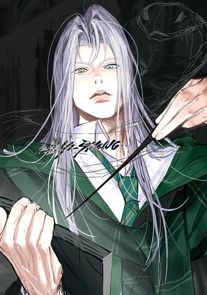 1boy animal black_background black_robe book collared_shirt commentary cosplay diagonal-striped_clothes diagonal-striped_necktie final_fantasy final_fantasy_vii green_eyes green_necktie green_scarf grey_hair hands_up hogwarts_school_uniform holding holding_book holding_wand long_bangs long_hair male_focus necktie parted_bangs parted_lips robe scarf school_uniform sephiroth serious shirt signature slit_pupils slytherin snake solo striped_clothes striped_necktie striped_scarf two-sided_robe upper_body wand white_shirt yiiisheng
