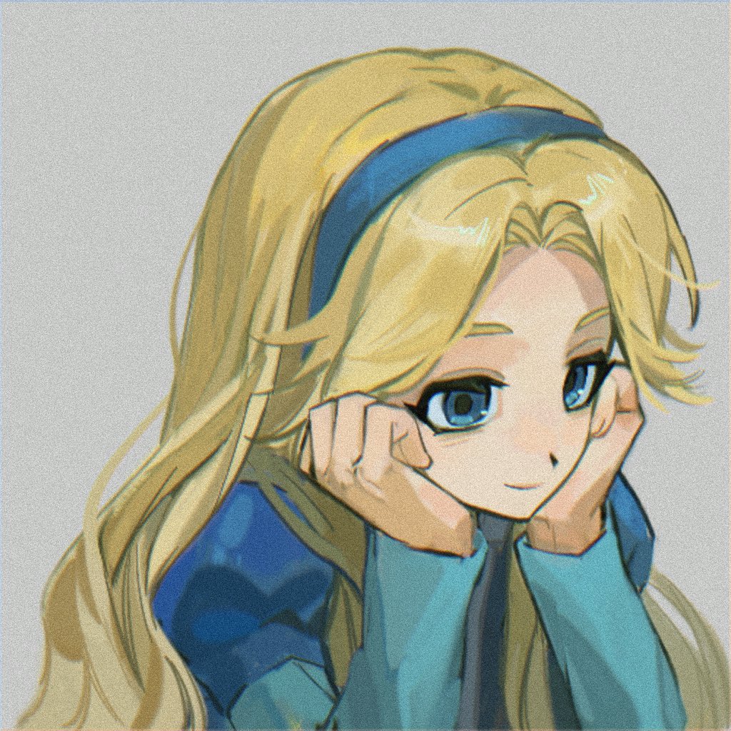 1girl blonde_hair blue_dress blue_eyes blue_hairband blue_jacket closed_mouth dress grey_background hairband hands_on_own_cheeks hands_on_own_face head_on_hands jacket long_hair long_sleeves maria_robotnik nabe0915199212 parted_bangs sidelocks smile solo sonic_(series) upper_body