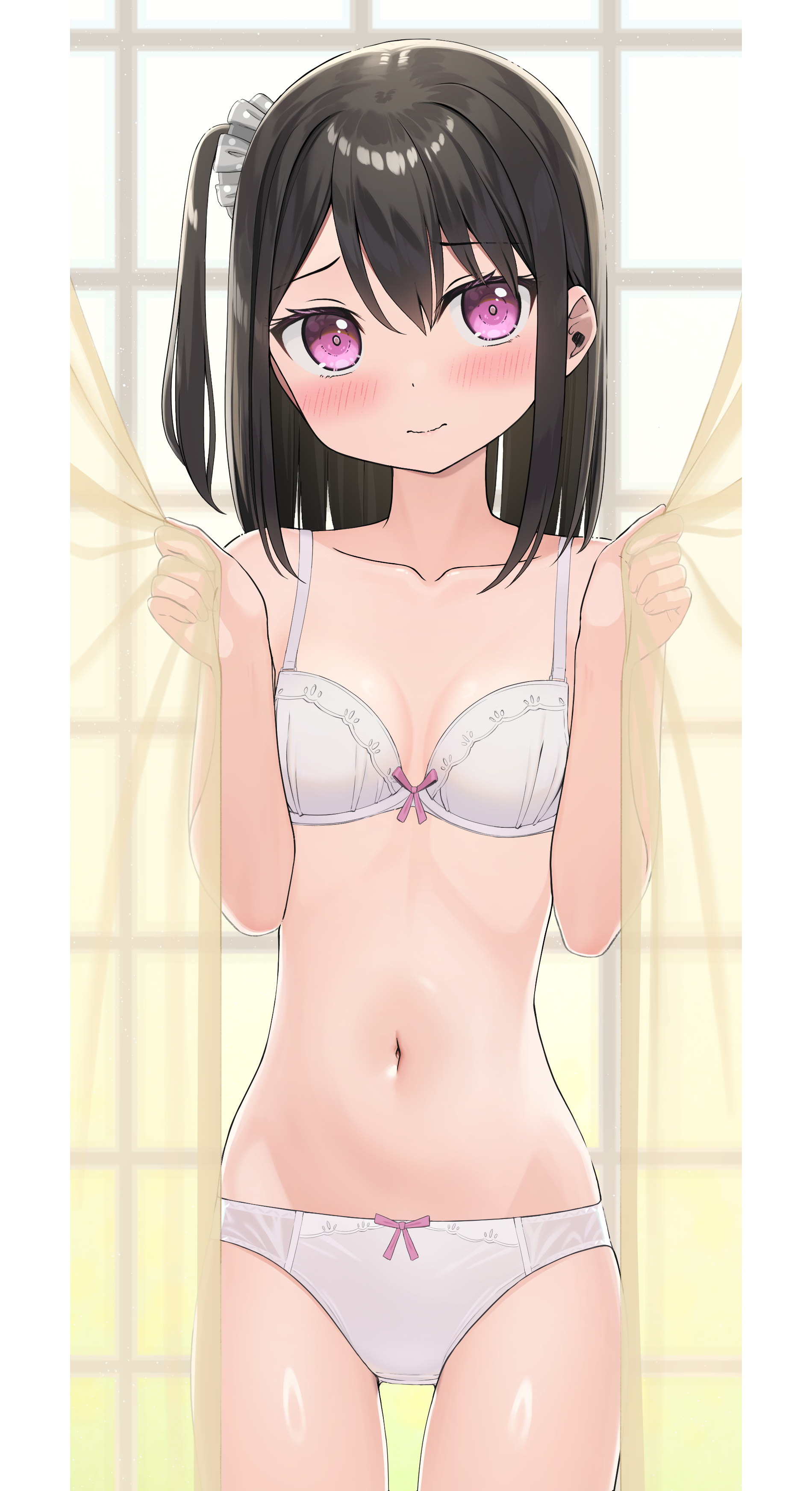 1girl absurdres apollo_(hu_maple) bare_arms bare_shoulders black_hair blush bow bow_bra bow_panties bra curtains highres looking_at_viewer navel original panties side_ponytail solo underwear underwear_only white_bra white_panties