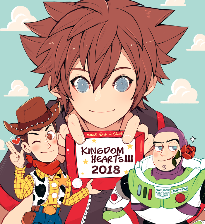2018 3boys blue_eyes brown_hair buzz_lightyear cowboy_hat dated disney flower hat heart kingdom_hearts kingdom_hearts_iii kvover_(applebloom) looking_at_viewer male_focus mouth_hold multiple_boys rose scarf sheriff_woody smile sora_(kingdom_hearts) spacesuit sparkle toy_story