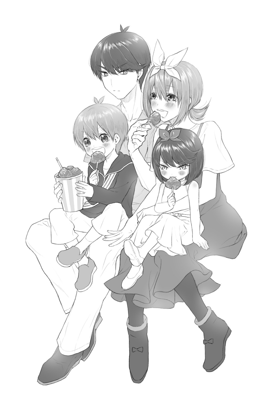 2boys 2girls baby blush bow bucket bucket_of_chicken carrying carrying_baby carrying_person chicken_(food) closed_mouth dress eating food fried_chicken full_body go-toubun_no_hanayome greyscale hair_bow highres holding holding_bucket holding_food if_they_mated looking_at_another monochrome multiple_boys multiple_girls nakano_yotsuba open_mouth parent_and_child short_hair sitting sitting_on_lap sitting_on_person uesugi_fuutarou yu_(flowerbird3830)