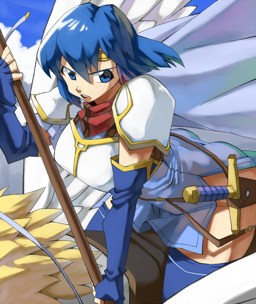 1girl armor armored_gloves blue_eyes blue_hair breastplate catria_(fire_emblem) cloak cloud commentary_request detached_sleeves feathers fire_emblem fire_emblem:_mystery_of_the_emblem fire_emblem:_shadow_dragon_and_the_blade_of_light gloves headband holding holding_polearm holding_weapon looking_at_viewer muneate nintendo open_mouth pegasus polearm red_scarf riding saddle scarf shino_(2919) short_hair side_slit sitting sky thighhighs thighs weapon white_headband