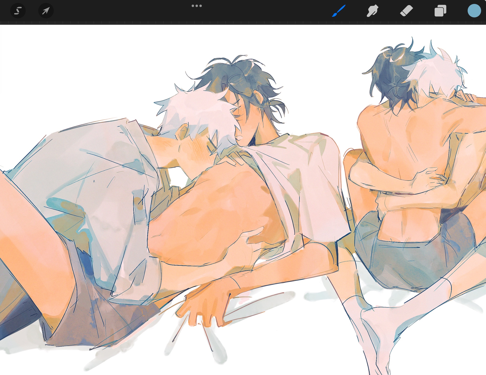 2boys art_tools_in_frame back bare_back bed_sheet biting black_hair black_male_underwear blush broomishvevo cheng_xiaoshi closed_eyes clothes_lift grey_shirt hand_on_another's_chest hand_on_another's_waist hand_under_clothes highres hug lifting_another's_clothes lu_guang lying male_focus male_underwear multiple_boys multiple_views navel nipple_biting nipple_stimulation nipples on_bed partially_undressed pectorals ponytail sheet_grab shiguang_dailiren shirt shirt_lift short_hair short_ponytail short_sleeves shorts simple_background sitting sleeves_rolled_up socks sucking_male_nipple toned toned_male topless_male underwear white_background white_hair white_shirt white_socks yaoi