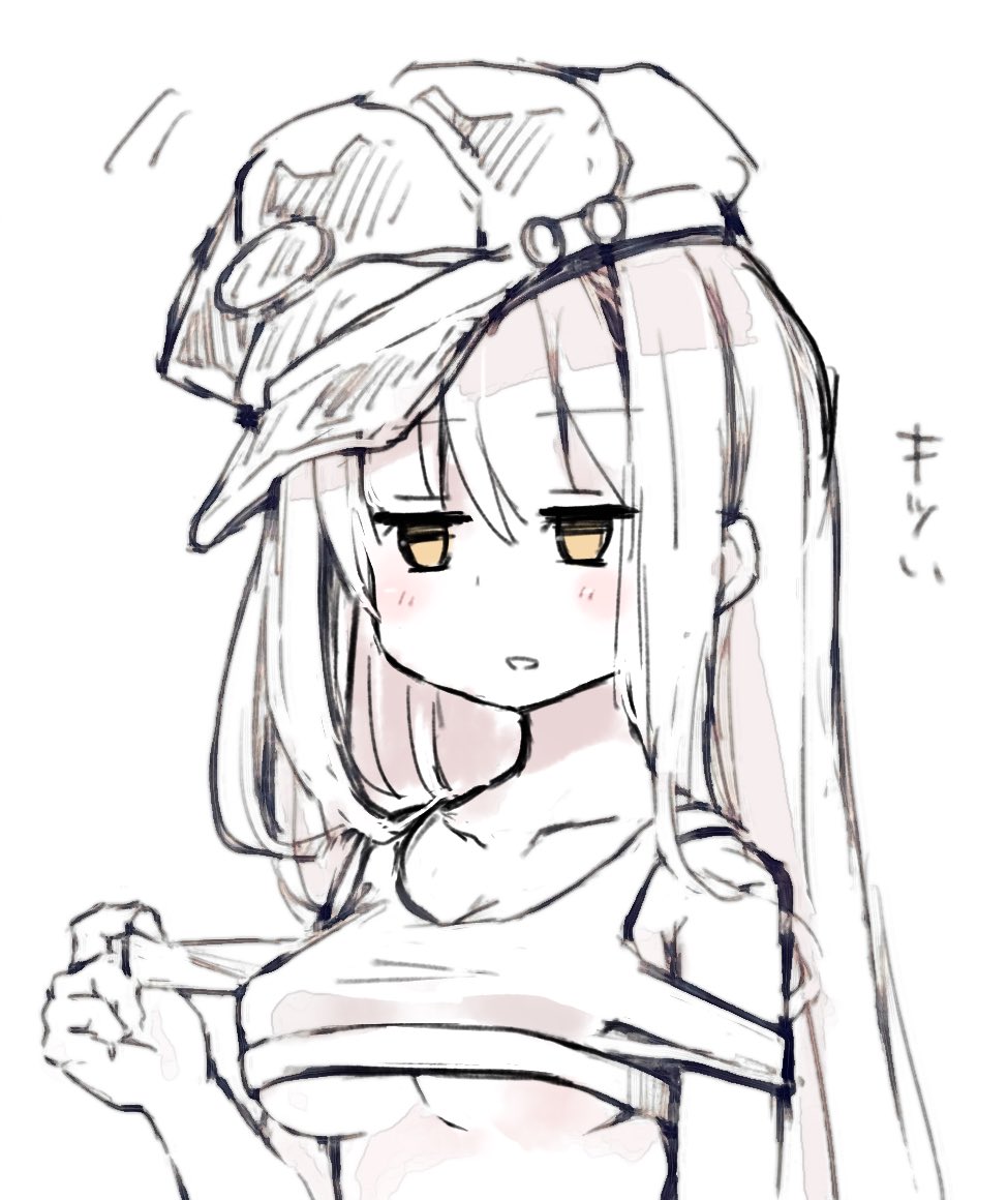 1girl blush breasts cleavage clothing_cutout collarbone cosplay frima_(nikke) goddess_of_victory:_nikke greyscale kureudon long_hair medium_breasts milk_(nikke) milk_(nikke)_(cosplay) monochrome shoulder_cutout solo sports_bra spot_color underboob yellow_eyes