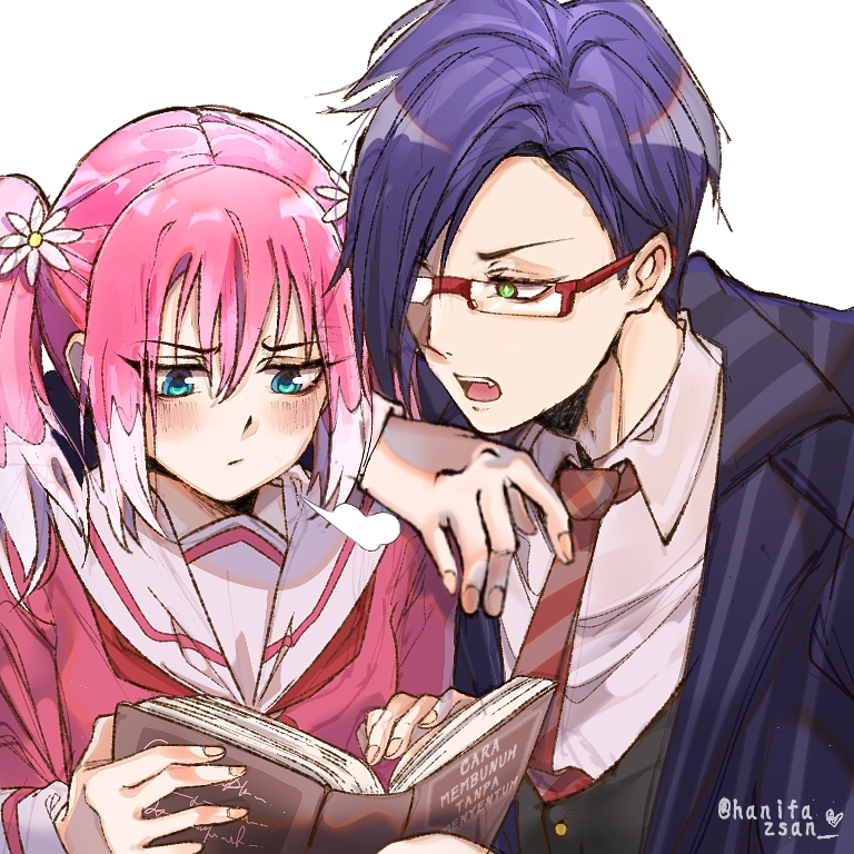 1boy 1girl :o arm_on_another&#039;s_shoulder artist_name blue_eyes blue_hair blush book flower formal_clothes green_eyes hair_between_eyes hair_flower hair_ornament haniwa15 hiiragi_nana multicolored_hair munou_na_nana necktie open_book pink_hair reading red-framed_eyewear school_uniform sidelocks sitting striped_suit suit tachibana_jin twintails two-tone_hair vest