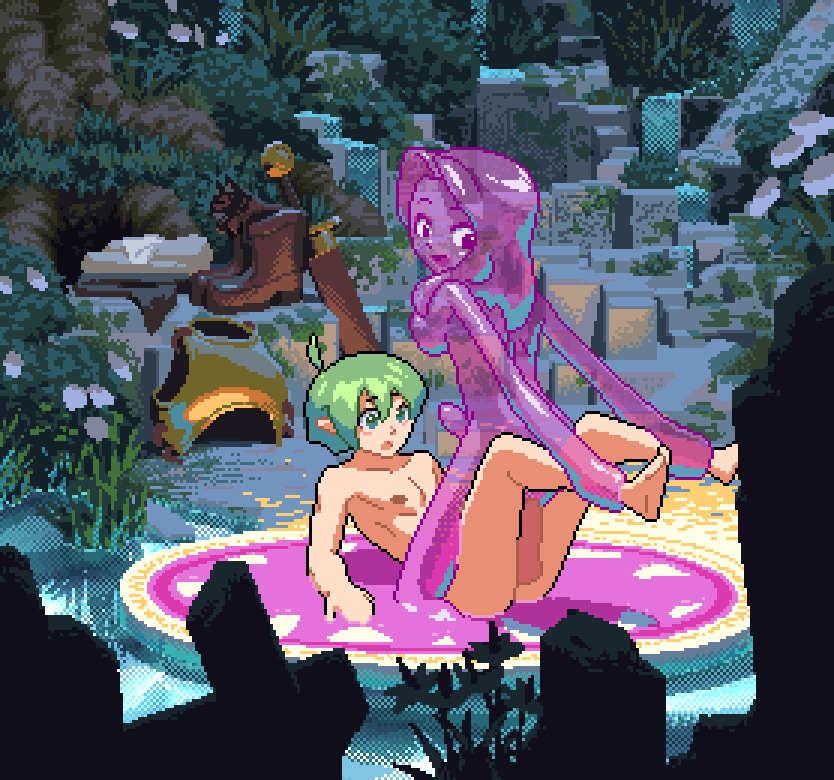 1boy 1girl amazon_position anal animated animated_gif blush boots breasts closed_eyes colored_skin commentary completely_nude cowgirl_position cum cum_in_ass cum_in_mouth dot_nose ecstasy ejaculating_while_penetrated ejaculation english_commentary fellatio femdom futa_on_male futa_with_male futanari girl_on_top grass green_eyes green_hair grin hair_between_eyes hair_over_shoulder happy happy_sex holding_legs leg_lock long_hair looking_at_another looking_back lying male_penetrated mating_press monster_girl msb nipples nude on_back on_floor open_mouth oral orgasm original penis pixel_art pointy_ears pulsating sex slime_girl smile straddling sword tareme tentacle_sex tentacles tentacles_on_male twitching_penis unworn_clothes water waterfall weapon