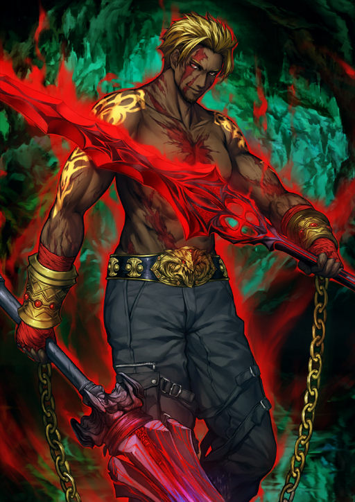 1boy abs arm_tattoo asymmetrical_dual_wielding aura bandaged_hand bandages belt beowulf_(fate) black_belt black_pants blonde_hair bracer cave chain closed_mouth curtained_hair dark-skinned_male dark_skin dual_wielding fate/grand_order fate_(series) feet_out_of_frame glowing gold_bracer green_background holding holding_sword holding_weapon hrunting_(fate) looking_at_viewer male_focus multiple_scars muscular muscular_male naegling_(fate) navel official_art pants pectorals red_eyes scar scar_across_eye scar_on_arm scar_on_chest scar_on_face scar_on_neck short_hair shoulder_tattoo simosi smile solo standing sword tattoo third-party_source topless_male v-shaped_eyebrows variant_set very_dark_skin weapon