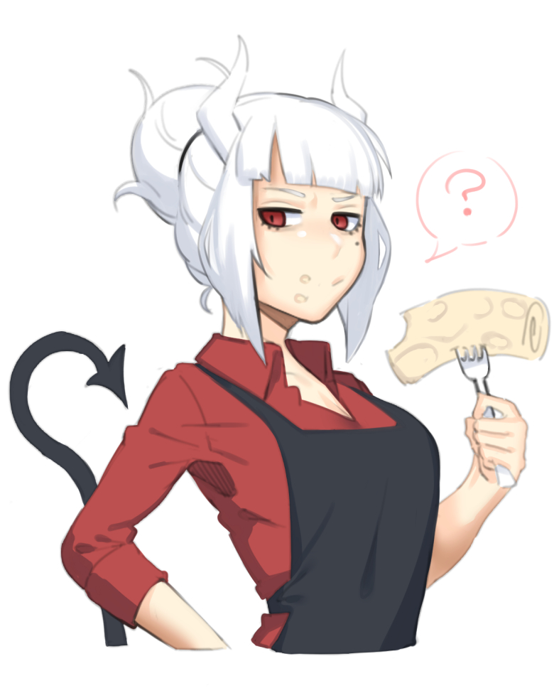 1girl :/ ? apron black_apron collared_shirt cropped_torso demon_girl demon_horns demon_tail dyun food food_on_face fork hair_bun helltaker holding holding_fork horns lucifer_(helltaker) mole mole_under_eye pancake red_shirt shirt short_hair simple_background single_hair_bun solo speech_bubble tail white_background white_hair