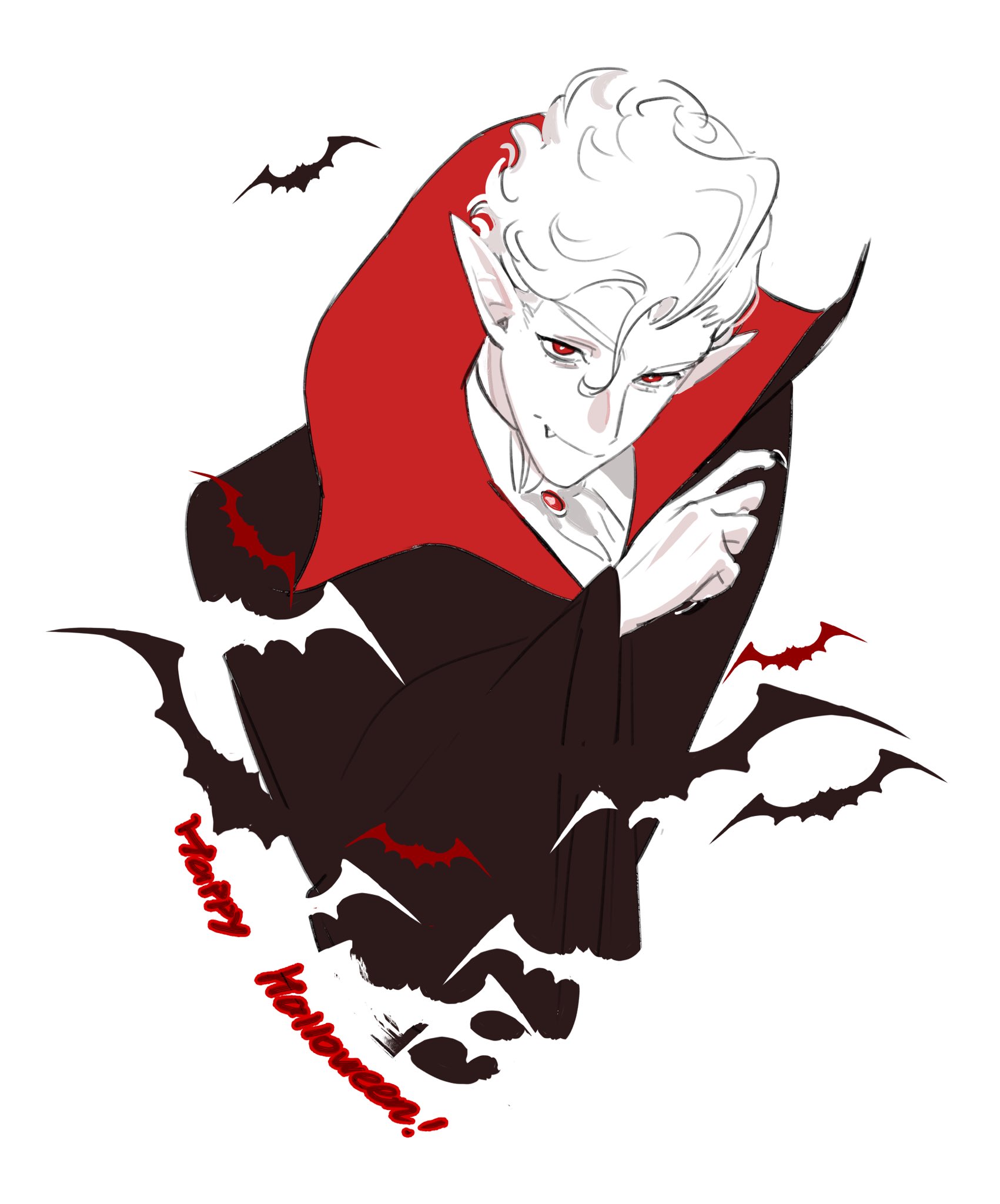 1boy arm_up astarion baldur's_gate baldur's_gate_3 bat_(animal) cape commentary dungeons_&_dragons english_commentary fang fingernails gem hair_between_eyes halloween highres keapriciti long_pointy_ears looking_at_viewer male_focus mystical_high_collar pointy_ears red_gemstone sharp_fingernails shirt short_hair simple_background solo two-tone_cape vampire wavy_hair white_background white_hair white_shirt