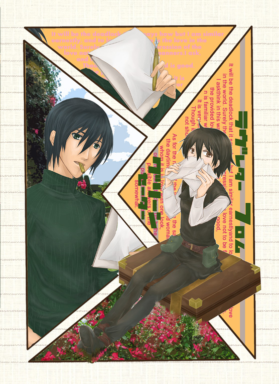 00s 1boy 1girl androgynous artist_request black_eyes black_hair briefcase brown_eyes cloud covering_own_mouth english_text flower kino_(kino_no_tabi) kino_no_tabi looking_at_viewer luggage paper pen shizu_(kino_no_tabi) short_hair sky tagme