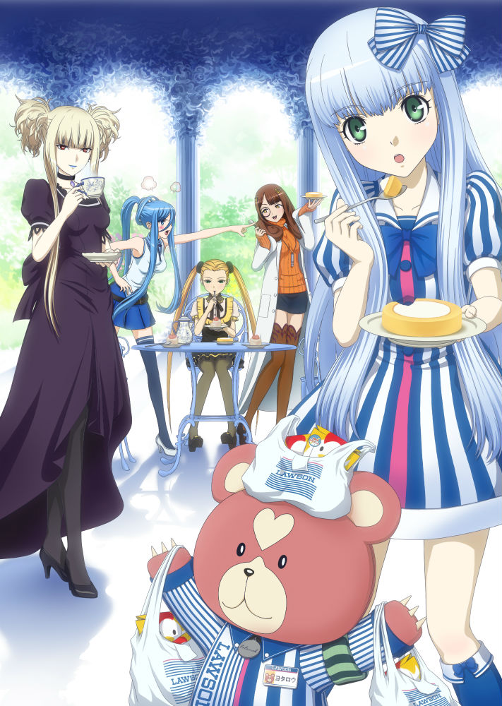 10s 6+girls :d :o aoki_hagane_no_arpeggio bag bag_on_head black_legwear blonde_hair blue_eyes blue_hair blue_legwear blush bow brown_legwear chair choker column cup dress eating employee_uniform food green_eyes hair_bow hair_rings haruna_(aoki_hagane_no_arpeggio) high_heels hyuuga_(aoki_hagane_no_arpeggio) iona_(aoki_hagane_no_arpeggio) jewelry kirishima_(aoki_hagane_no_arpeggio) kongou_(aoki_hagane_no_arpeggio) lab_coat lawson long_dress long_hair looking_at_viewer miniskirt monocle multiple_girls name_tag necklace open_mouth pantyhose pillar plate pointing ponytail puffy_short_sleeves puffy_sleeves purple_dress red_eyes ribbed_sweater scrunchie short_hair_with_long_locks short_sleeves short_twintails sidelocks sitting skirt smile spoon striped_bow striped_clothes striped_dress sweater table takao_(aoki_hagane_no_arpeggio) teacup thighhighs twintails vertical-striped_clothes vertical-striped_dress very_long_hair yotarou_(aoki_hagane_no_arpeggio)