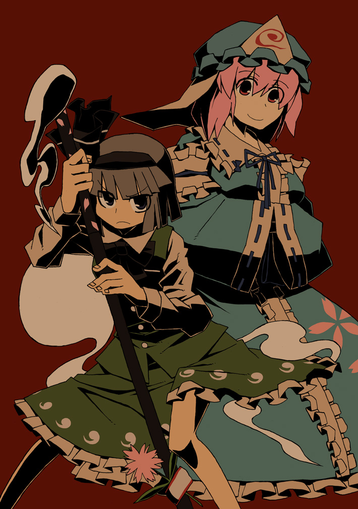 2girls bad_id bad_pixiv_id dress female_focus hat katana konpaku_youmu konpaku_youmu_(ghost) multiple_girls pink_hair saigyouji_yuyuko simple_background skirt sword touhou weapon white_hair yaza