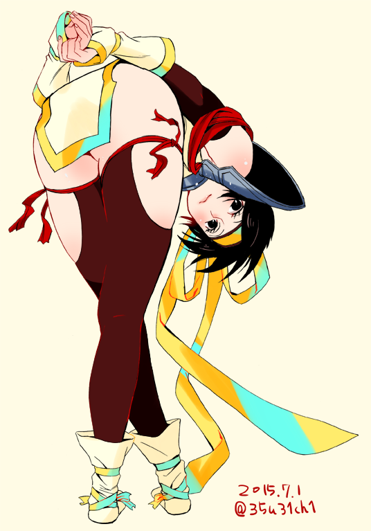 arms_behind_back ass ass_focus brown_eyes brown_hair crossed_legs gluteal_fold headband japanese_clothes kimono legs nene nene_(sengoku_musou) ninja red_thighhighs sengoku_musou tabi thighhighs thighs