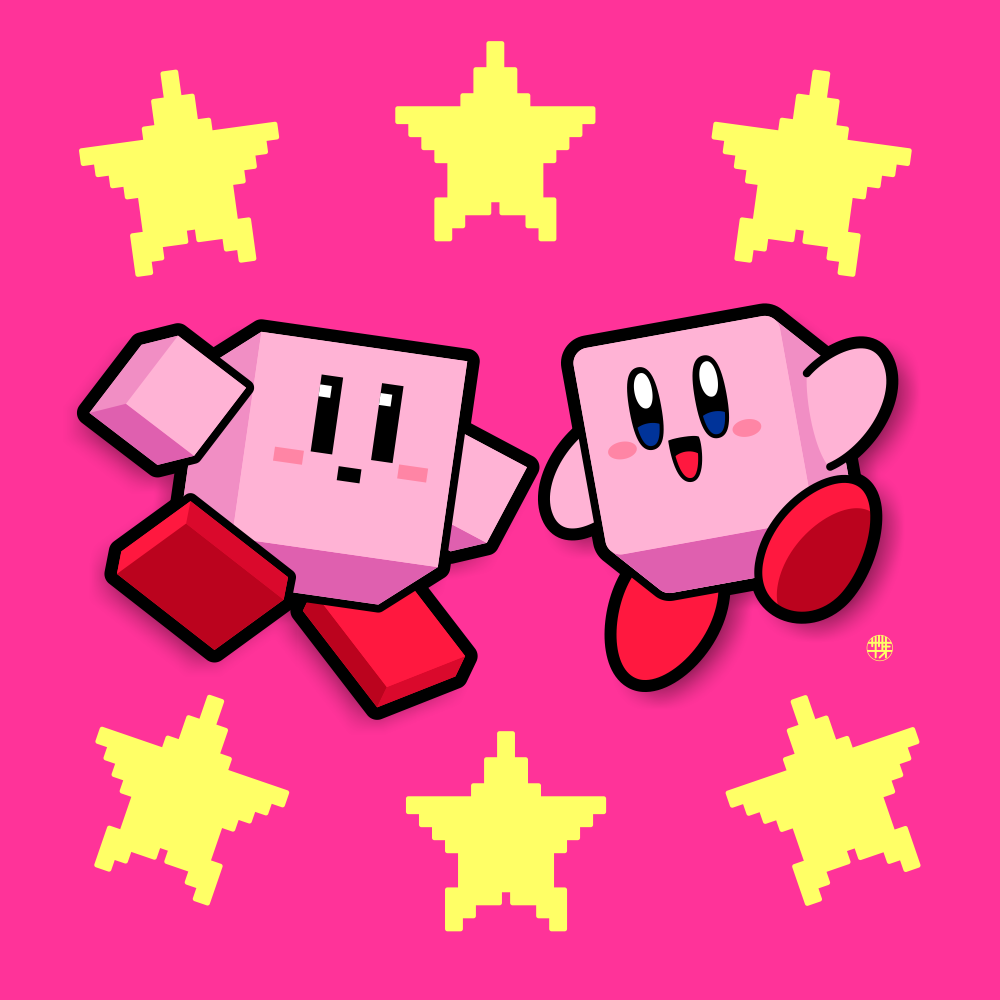 black_eyes blue_eyes blush_stickers cube dual_persona kirby kirby_(series) low_poly nintendo no_humans open_mouth pink_background pixel_star rectangular_mouth sasakinao simple_background star_(symbol) super_smash_bros.