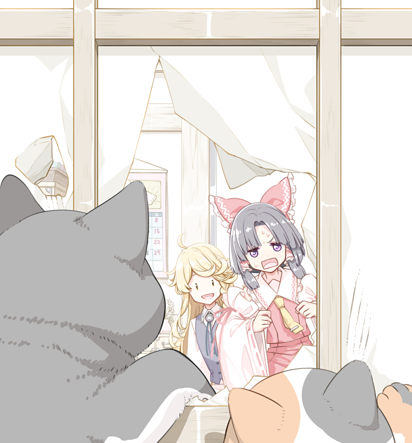 2girls ascot black_cat black_hair blonde_hair bow braid calendar_(object) calico_(pattern) cat commentary_request detached_sleeves frilled_bow frilled_hair_tubes frills hair_bow hair_tubes hakurei_reimu kirisame_marisa long_hair multiple_girls no_headwear open_mouth purple_eyes red_bow red_skirt ribbon-trimmed_sleeves ribbon_trim sakuraba_yuuki shouji side_braid single_braid skirt skirt_set sliding_doors sweat torn touhou yellow_ascot