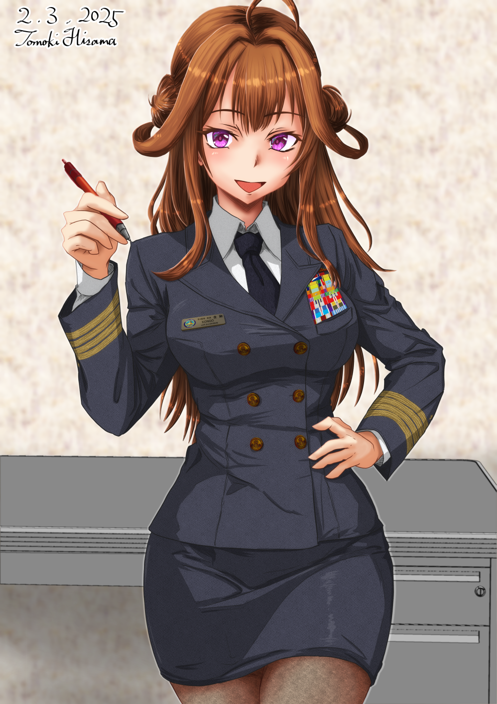 1girl ahoge alternate_costume black_jacket black_necktie black_skirt breasts brown_hair brown_pantyhose buttons collared_shirt double-breasted double_bun hair_bun highres hisamatomoki holding holding_pen jacket kantai_collection kongou_(kancolle) long_hair long_sleeves medium_breasts military_dress_uniform military_rank_insignia military_uniform miniskirt naval_dress_uniform naval_uniform necktie pantyhose pen purple_eyes ribbon_bar shirt skirt solo very_long_hair white_shirt