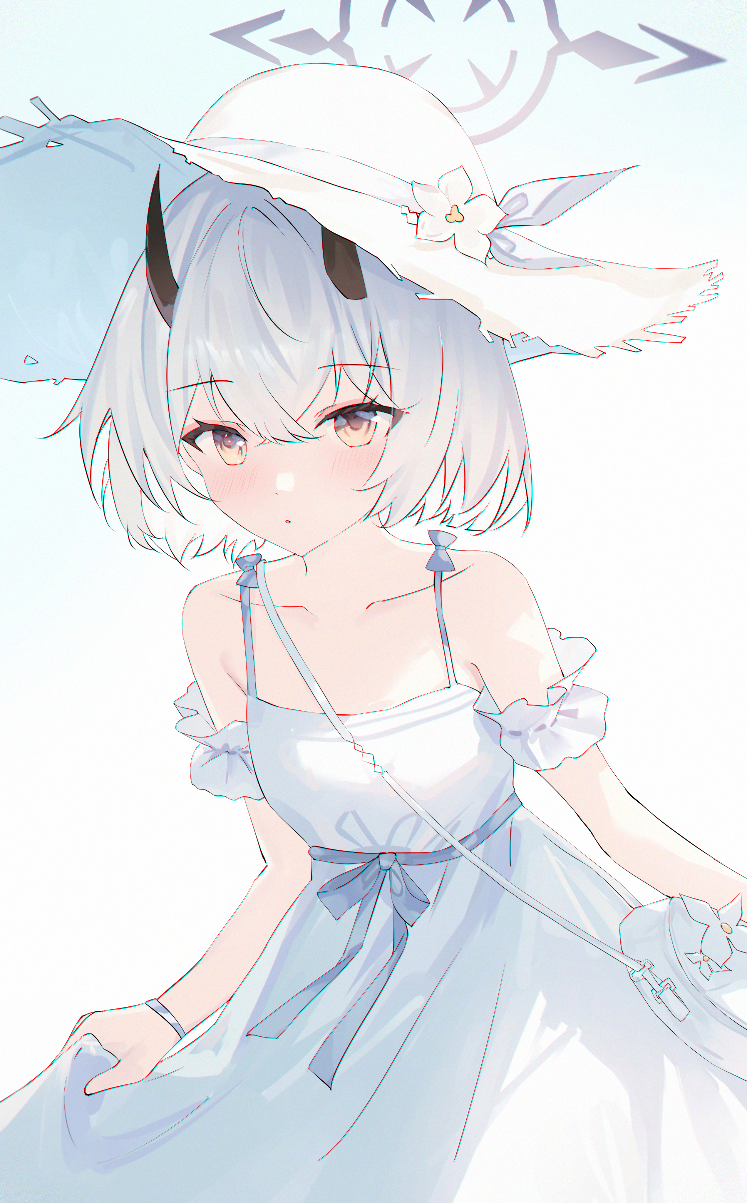 1girl absurdres armband bag bare_shoulders black_horns blue_archive collarbone demon_horns dress flower_hat frilled_armband frills grey_halo halo hat highres horns looking_at_viewer official_alternate_costume official_alternate_hairstyle sena_(blue_archive) sena_(casual)_(blue_archive) short_hair shoulder_bag solo sun_hat sundress usagi_(786113654) white_armband white_dress white_hair yellow_eyes
