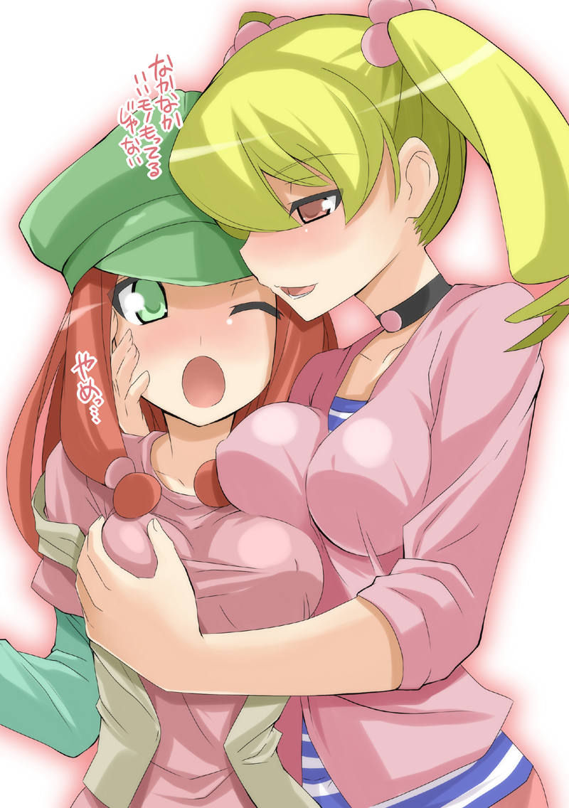 2girls bad_id bad_pixiv_id blonde_hair blush breasts brown_eyes brown_hair chicago-x choker digimon digimon_xros_wars digimon_xros_wars:_toki_wo_kakeru_shounen_hunter-tachi embarrassed grabbing_another&#039;s_breast green_eyes groping hair_bobbles hair_ornament hat kaoru_(digimon) multiple_girls one_eye_closed red_hair shirt sleeves_pushed_up striped_clothes striped_shirt suzaki_airu translation_request twintails yuri