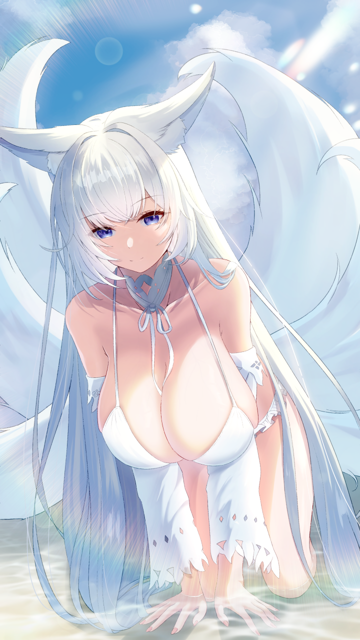 1girl absurdly_long_hair all_fours animal_ears azur_lane bare_shoulders beach bikini blurry bokeh breasts closed_mouth cloud collarbone commentary_request depth_of_field detached_sleeves dot_nose double-parted_bangs fingernails fox_ears fox_girl fox_tail frills highres huge_breasts kitsune lens_flare long_hair long_sleeves looking_at_viewer multiple_tails official_alternate_costume outdoors purple_eyes sagging_breasts shadow shinano_(azur_lane) shinano_(dreamy_white_sands)_(azur_lane) sky smile solo split_mouth swimsuit tail tako-san_wiener_(takosanuma) thighs very_long_hair water white_bikini white_sleeves white_tail