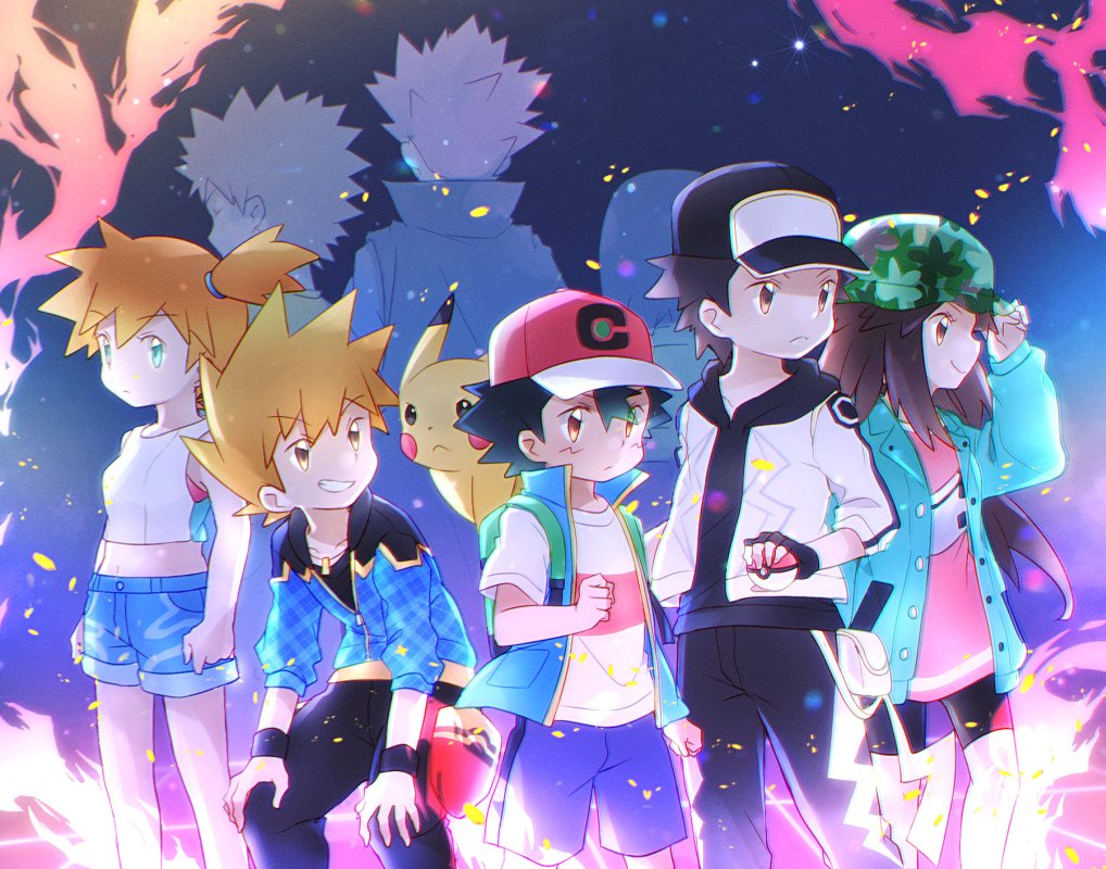 3girls 5boys ash_ketchum back bag bare_arms baseball_cap black_hair blue_oak blue_oak_(sygna_suit) blush brock_(pokemon) brown_hair denim denim_shorts erika_(pokemon) eyelashes gen_1_pokemon green_eyes green_shorts hair_between_eyes hat lance_(pokemon) leaf_(pokemon) leaf_(sygna_suit)_(pokemon) misty_(pokemon) miu_(chuyu825) multiple_boys multiple_girls navel nintendo orange_hair orange_shirt pikachu pokemon pokemon_(anime) pokemon_(classic_anime) pokemon_hgss pokemon_journeys pokemon_lgpe pokemon_masters_ex red_(pokemon) red_(sygna_suit)_(thunderbolt)_(pokemon) shirt short_hair shorts smile suspender_shorts suspenders teeth white_shirt