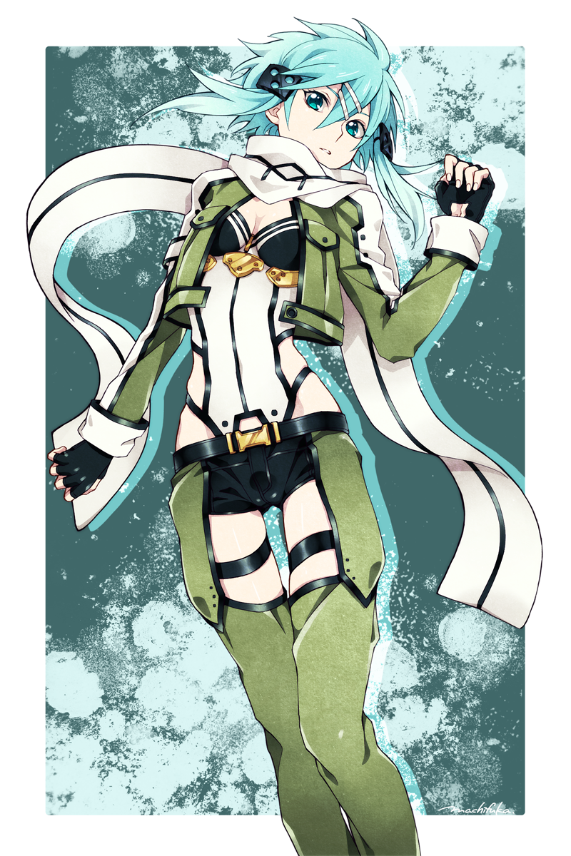 10s 1girl aqua_eyes aqua_hair bad_id bad_pixiv_id fingerless_gloves gloves highres machi_fuka scarf shiny_clothes short_hair short_shorts shorts sinon sword_art_online