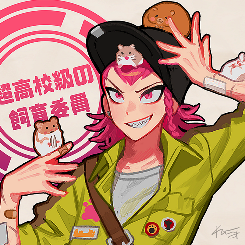 1boy animal arm_up badge bandaid bandaid_on_arm bandaid_on_finger belt belt_buckle black_hat braid breast_pocket brown_belt buckle button_badge chest_belt collarbone collared_jumpsuit commentary_request crew_neck danganronpa_(series) danganronpa_2:_goodbye_despair ear_piercing earrings gimmogi_kimumogi grin hamster hamster_on_head hat jewelry jumpsuit looking_up male_focus medium_hair on_head piercing pink_hair pocket seed sharp_teeth shirt side_braid single_braid sitting smile soda_kazuichi solo stud_earrings sunflower_seed t-shirt teeth upper_body v-shaped_eyebrows whiskers white_shirt widow&#039;s_peak wing_collar yellow_jumpsuit