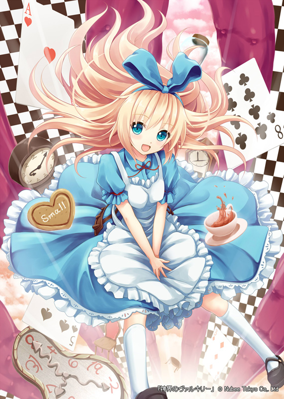 1girl ace_(playing_card) ace_of_hearts akkijin blonde_hair blue_dress blue_eyes blue_ribbon board_game card chess chessboard clock cloud club_(shape) cup diamond_(shape) dress eight_of_clubs falling female_focus five_of_spades gem_(symbol) hair_ribbon heart open_mouth pink_sky playing_card ribbon shinkai_no_valkyrie sky solo spade_(shape) teacup