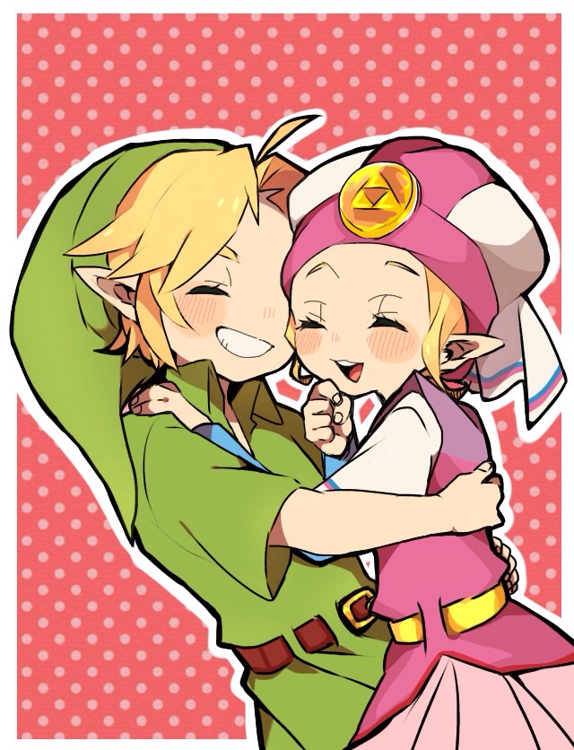 1boy 1girl aged_down belt blonde_hair blush closed_eyes commentary_request grin hat hug link nintendo pointy_ears polka_dot polka_dot_background princess_zelda repikinoko short_hair short_sleeves smile the_legend_of_zelda the_legend_of_zelda:_ocarina_of_time young_link young_zelda