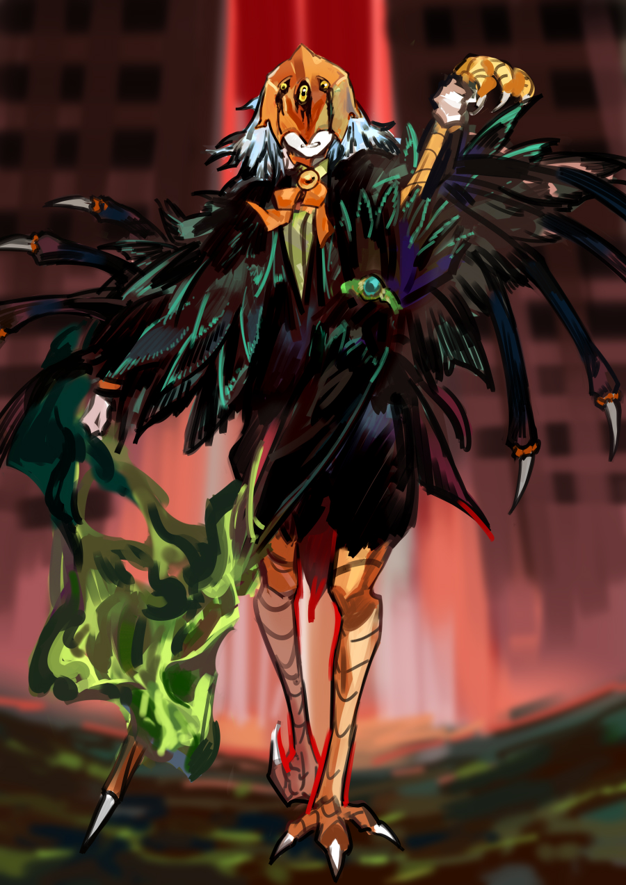 1girl angela_(project_moon) black_cape black_shorts black_swan_(e.g.o) blue_hair bow bowtie cape clenched_teeth dream_of_a_black_swan e.g.o_(project_moon) harpy highres holding holding_umbrella library_of_ruina mask monster_girl nishikujic orange_bow orange_bowtie project_moon shorts solo talons teeth umbrella