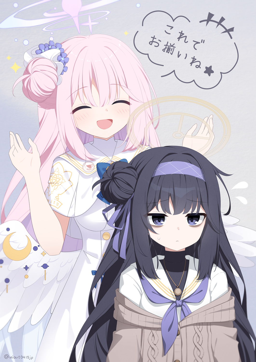 2girls angel_wings bags_under_eyes black_hair blue_archive blue_eyes brown_jacket closed_eyes commentary dress hair_bun halo highres jacket jewelry mika_(blue_archive) multiple_girls necklace pink_hair school_uniform smile symbol-only_commentary translated ui_(blue_archive) umou_(may65879) white_dress wings
