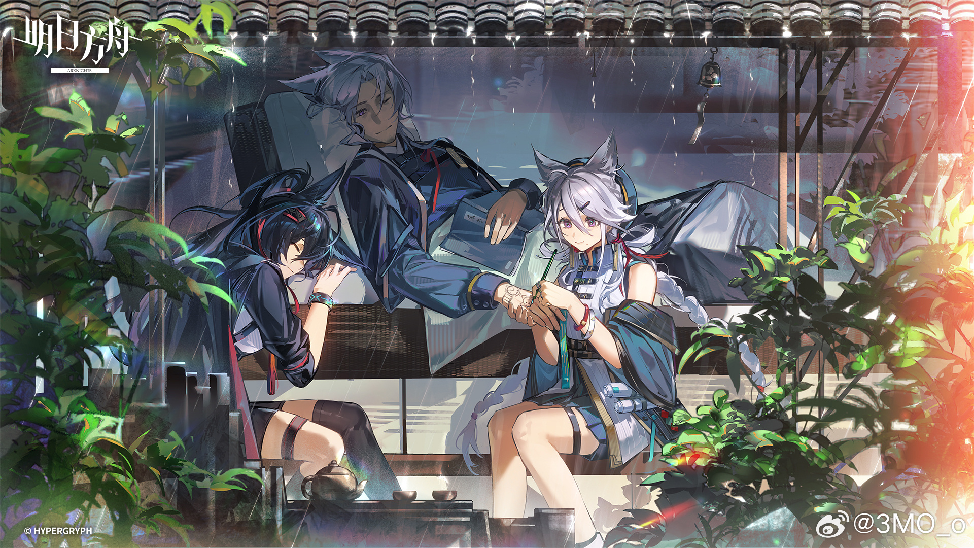 1boy 2girls 3mo animal_ear_fluff animal_ears arknights artist_name bell blaze_(arknights) braid cat_ears cat_girl character_request chinese_commentary commentary_request copyright_name drawing_on_another hair_between_eyes highres infection_monitor_(arknights) lying multiple_girls official_art on_back one_eye_closed plant pleated_skirt rain shirt single_thighhigh skirt sleeping sleeveless sleeveless_shirt thigh_strap thighhighs twin_braids watch white_shirt wristwatch