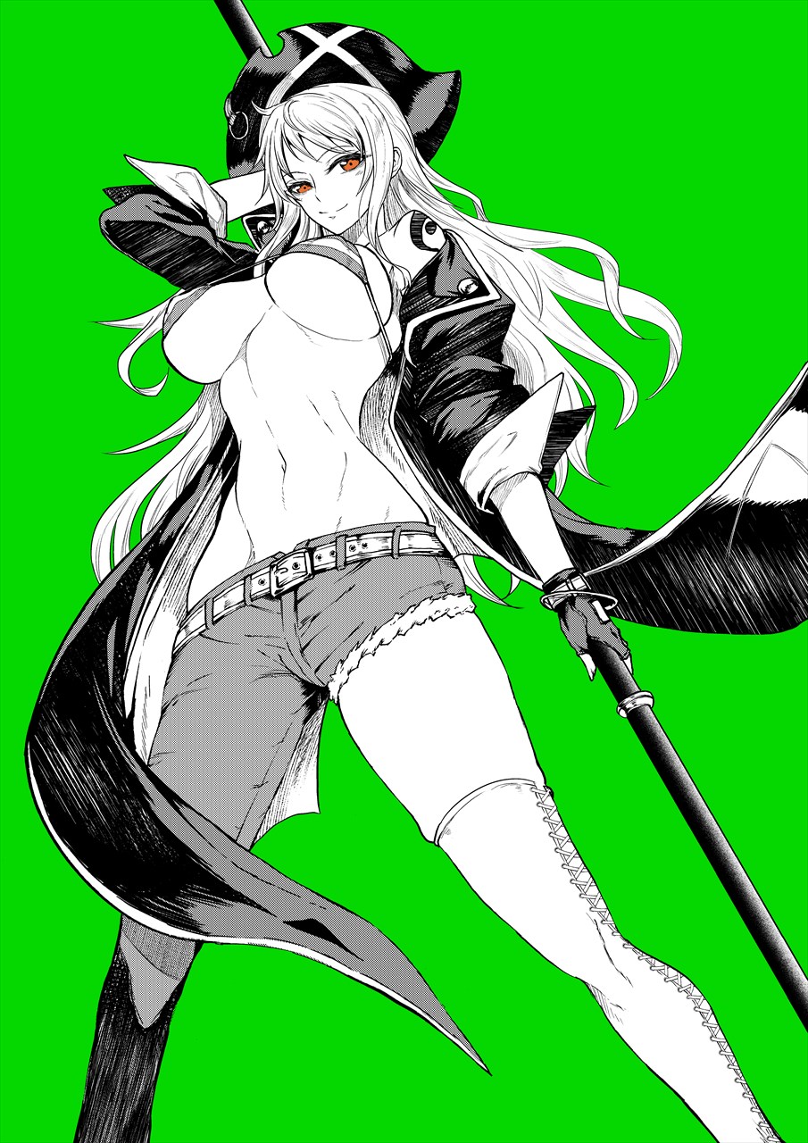 1girl alternate_costume arm_behind_head arm_up asymmetrical_clothes asymmetrical_legwear belt belt_buckle bikini bikini_top_only black_coat breasts buckle closed_mouth coat commentary cross-laced_clothes cross-laced_legwear denim feet_out_of_frame fighting_stance fingerless_gloves gloves green_background greyscale_with_colored_background hat highres holding holding_staff holding_weapon jeans kawabata_yoshihiro large_breasts long_hair looking_at_viewer nami_(one_piece) narrow_waist navel one_piece open_clothes open_coat orange_eyes pants pirate_hat shoulder_tattoo single_bare_shoulder single_pantsleg single_thighhigh smile solo spot_color staff standing stomach string_bikini swimsuit tattoo thighhighs toned toned_female underboob wavy_hair weapon