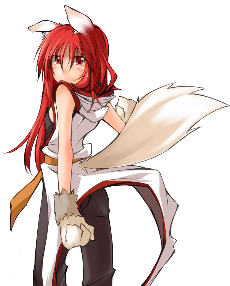 1girl animal_ears animal_hands black_shirt black_shorts blush breasts coat commentary_request cowboy_shot dog_ears dog_girl dog_tail gloves hair_between_eyes hood hooded_coat kaminagi_(kaminagi-tei) long_bangs long_hair looking_at_viewer looking_back monk_(ragnarok_online) open_clothes open_coat paw_gloves ragnarok_online red_eyes red_hair shirt shorts simple_background small_breasts solo tail white_background white_coat