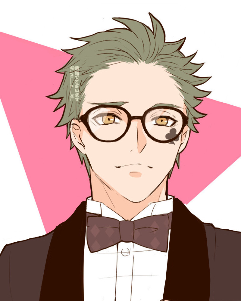 1boy bow bowtie brown_jacket commentary_request glasses green_hair jacket looking_at_viewer male_focus pink_background shirt short_hair solo trey_clover twisted_wonderland upper_body very_short_hair white_shirt yellow_eyes yuuki_(yukko7474)