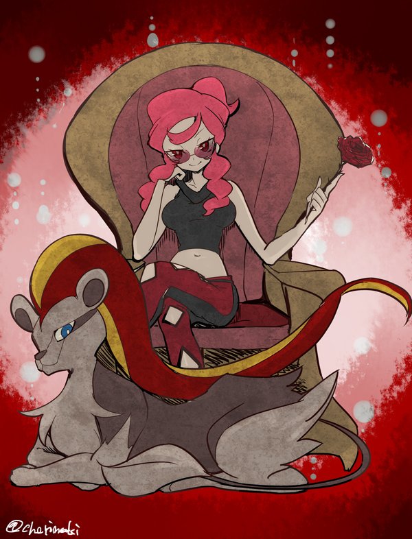 1girl artist_name bare_arms bare_shoulders black_pants black_tank_top breasts chorimokki crop_top crossed_legs gen_6_pokemon hair_bun lion malva_(pokemon) midriff nintendo on_chair orange-tinted_eyewear pants pink_hair pokemon pokemon_(creature) pokemon_xy pyroar pyroar_(female) red-tinted_eyewear red_eyes red_pants short_hair_with_long_locks sidelocks single_hair_bun sleeveless sunglasses tank_top tinted_eyewear twitter_username two-tone_pants