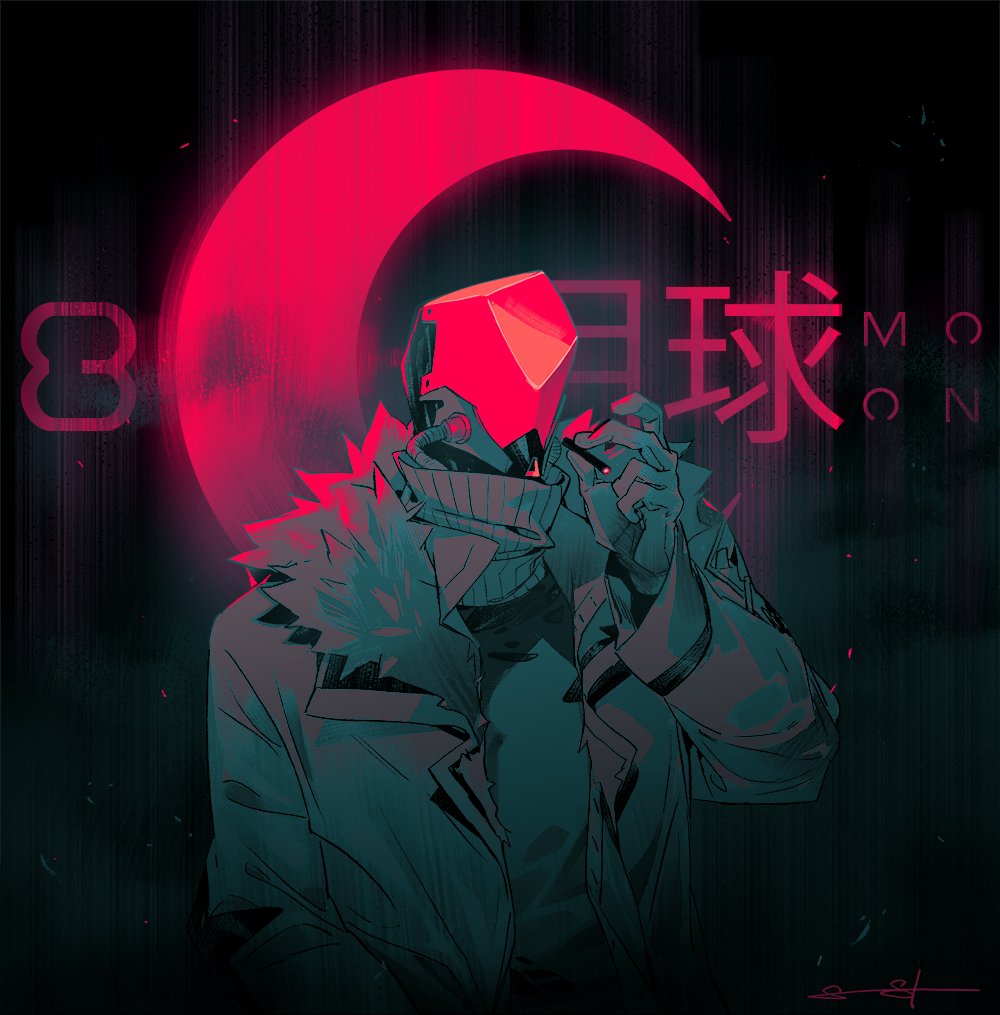 1boy cigarette commentary english_commentary helmet holding holding_cigarette jacket looking_up male_focus original robot sarah_stone science_fiction smoke solo spot_color