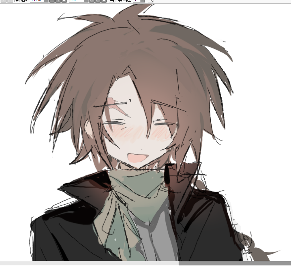 1boy art_program_in_frame black_jacket blush brown_hair closed_eyes green_scarf grey_shirt harada_minoru jacket jiuxi526 long_hair male_focus open_clothes open_jacket open_mouth painttool_sai painttool_sai_(medium) portrait saibou_shinkyoku scar scar_on_face scar_on_forehead scarf shirt simple_background sketch smile solo white_background