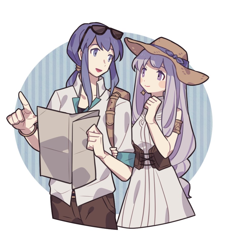 1boy 1girl :d black-framed_eyewear blue_background blue_eyes blue_hair border brown_hat brown_pants closed_mouth collared_shirt commentary cropped_legs earrings eyewear_on_head fire_emblem fire_emblem:_genealogy_of_the_holy_war haconeri hat holding holding_map jewelry julia_(fire_emblem) long_hair map nintendo open_mouth outside_border pants purple_eyes purple_hair round_border seliph_(fire_emblem) shirt smile star_(symbol) star_earrings sun_hat sunglasses symbol-only_commentary white_border white_shirt